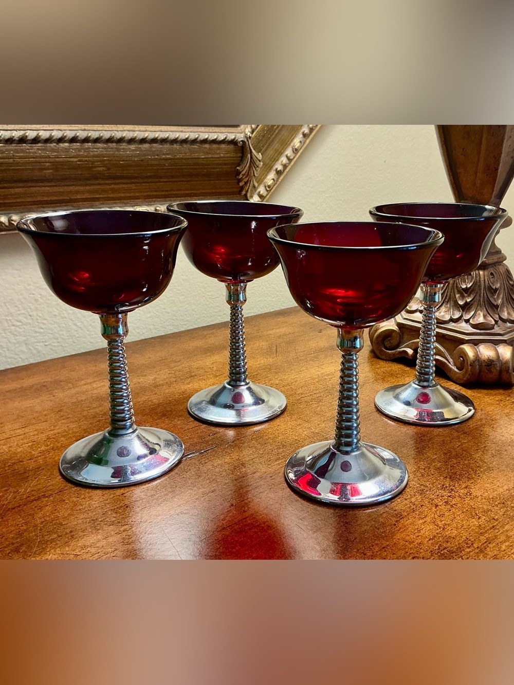 Set of 4 Ruby Red Cocktail Glasses/Art Deco